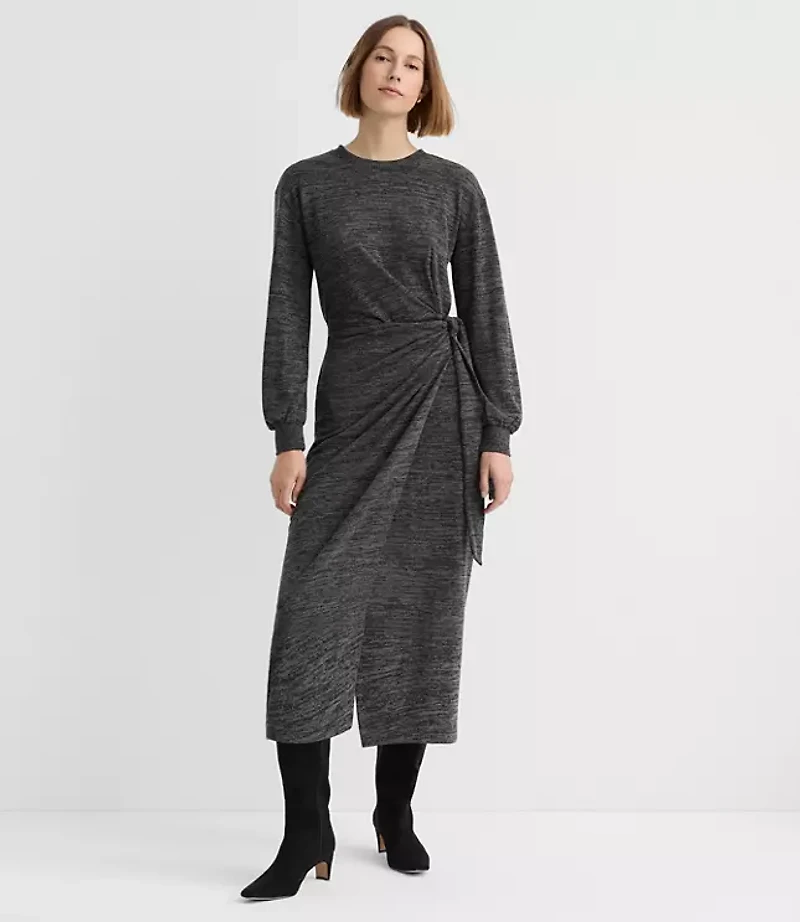 Sweater Knit Side Pleated Midi Wrap Dress