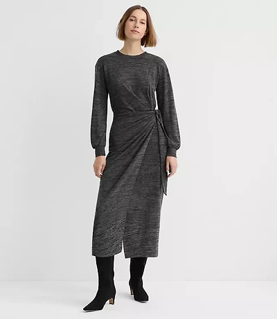 Sweater Knit Side Pleated Midi Wrap Dress