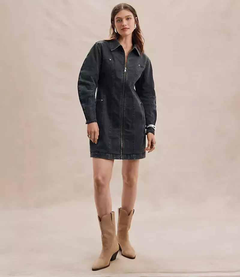 Seamed Denim Zip Mini Pocket Dress Washed Black