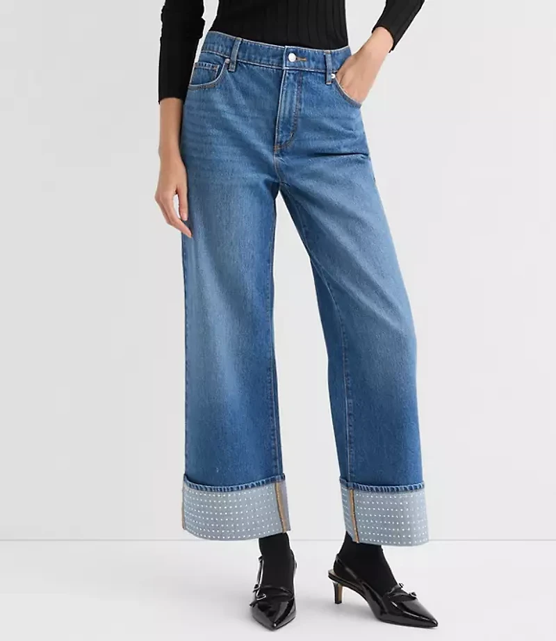 Petite Embellished Cuffed High Rise Wide Leg Crop Jeans Bright Mid Indigo Wash
