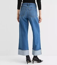 Petite Embellished Cuffed High Rise Wide Leg Crop Jeans Bright Mid Indigo Wash