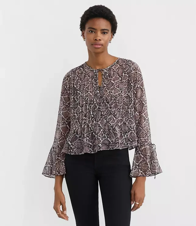 Snake Print Pintucked Bow Blouse