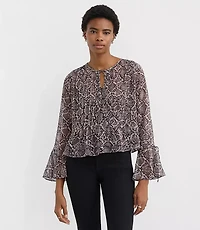 Snake Print Pintucked Bow Blouse