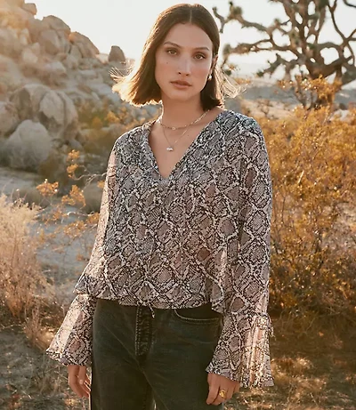 Snake Print Pintucked Bow Blouse