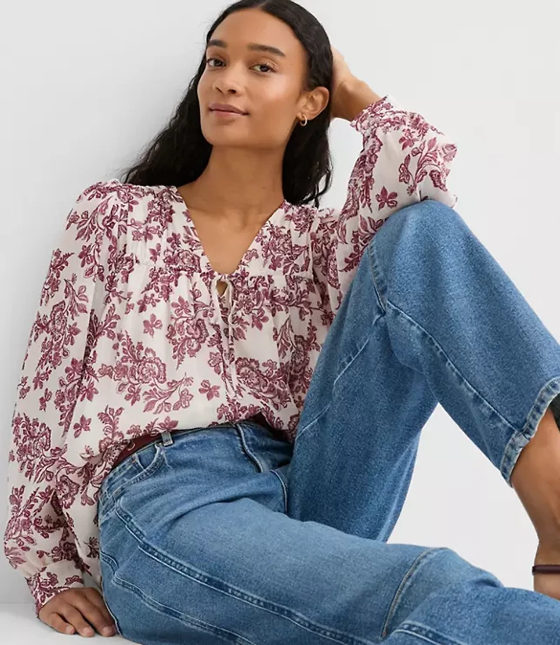 Geo Tucked Tie Neck Blouse