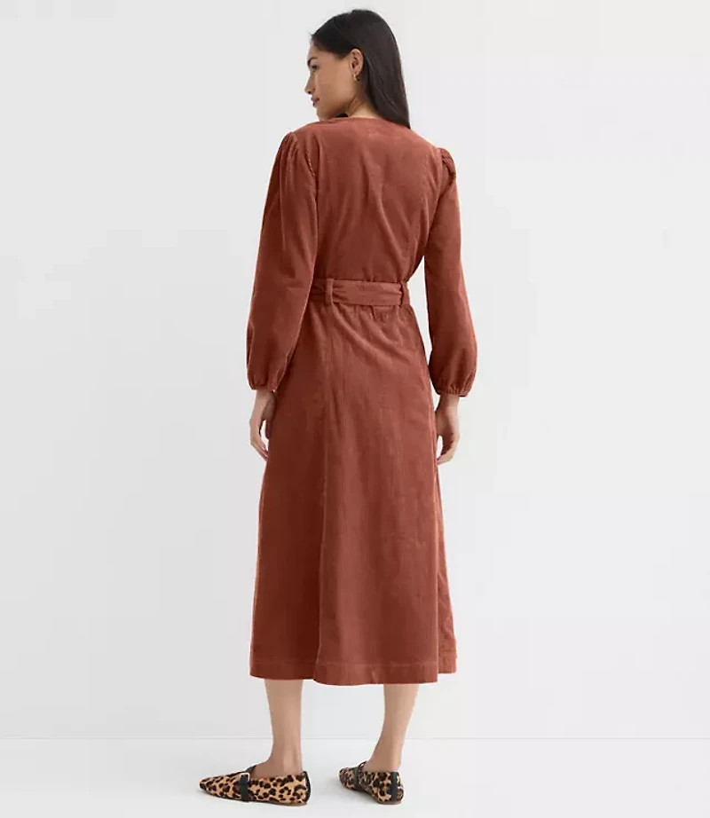 Corduroy Seamed Belted Midi Pocket Dress