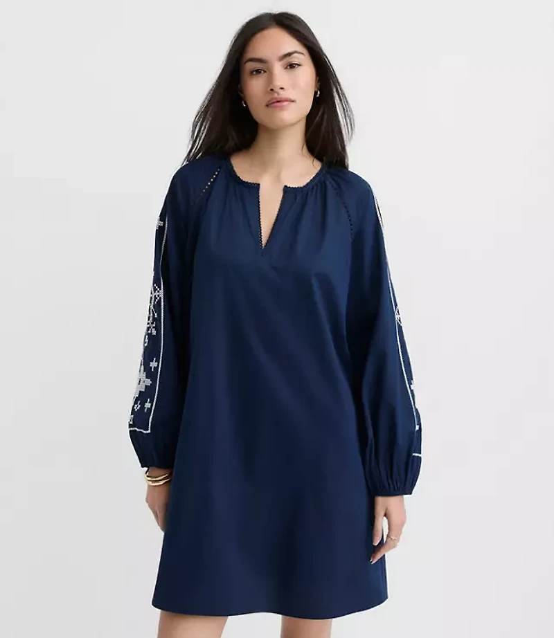 Floral Embroidered Split Neck Mini Pocket Dress