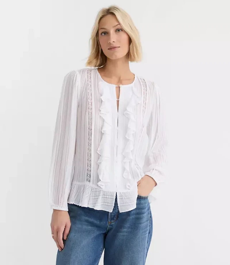 Floral Lace Trim Ruffle Blouse
