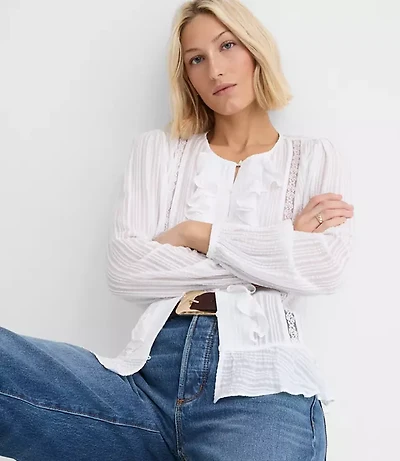 Floral Lace Trim Ruffle Blouse