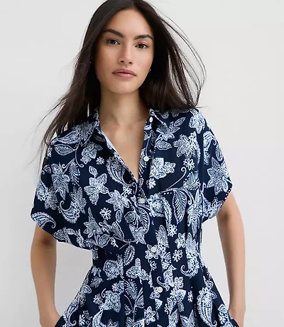 Paisley Pleated Midi Pocket Shirtdress