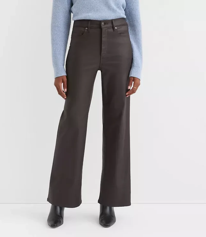 Coated High Rise Wide Leg Jeans Brown