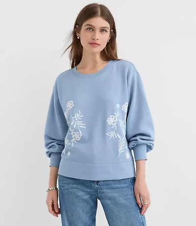 Floral Embroidered Terry Puff Sleeve Sweatshirt