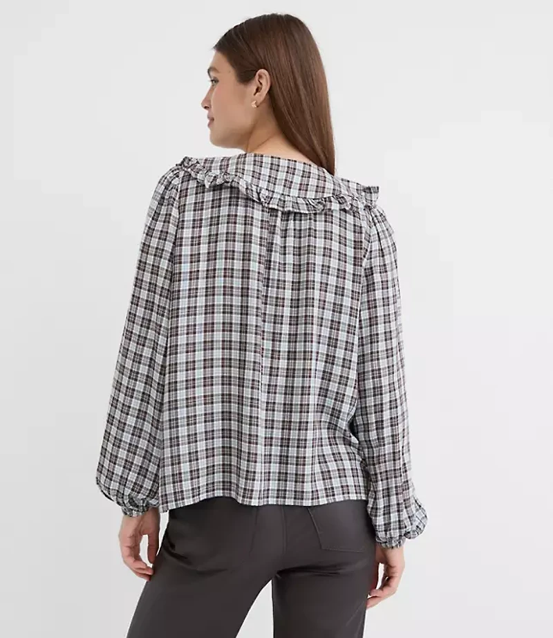 Petite Plaid Ruffle Collar Shirred Henley Blouse