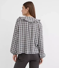 Petite Plaid Ruffle Collar Shirred Henley Blouse