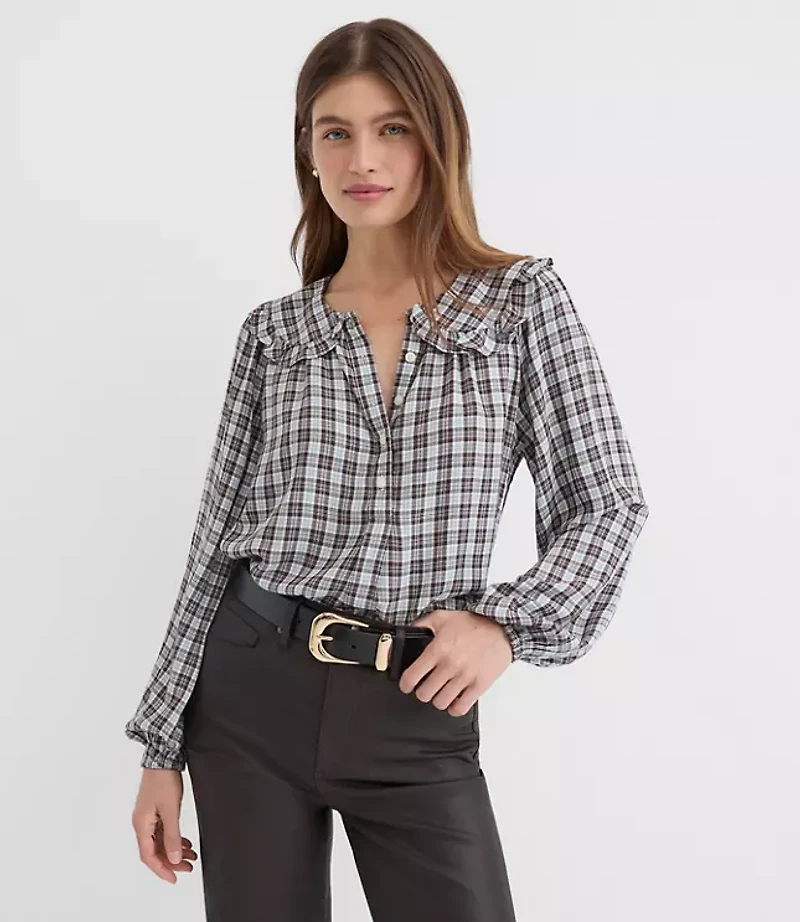 Petite Plaid Ruffle Collar Shirred Henley Blouse
