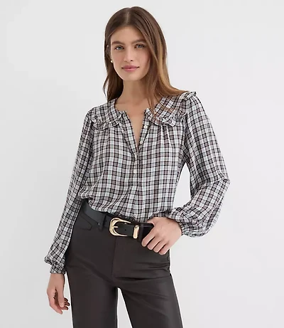 Petite Plaid Ruffle Collar Shirred Henley Blouse