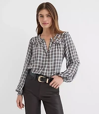 Petite Plaid Ruffle Collar Shirred Henley Blouse