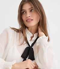 Petite Pearlized Button Ruffle Bow Blouse