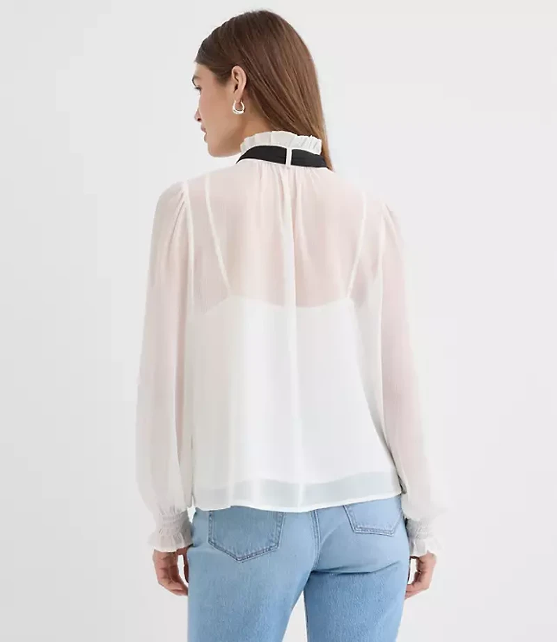 Petite Pearlized Button Ruffle Bow Blouse