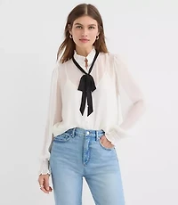 Petite Pearlized Button Ruffle Bow Blouse