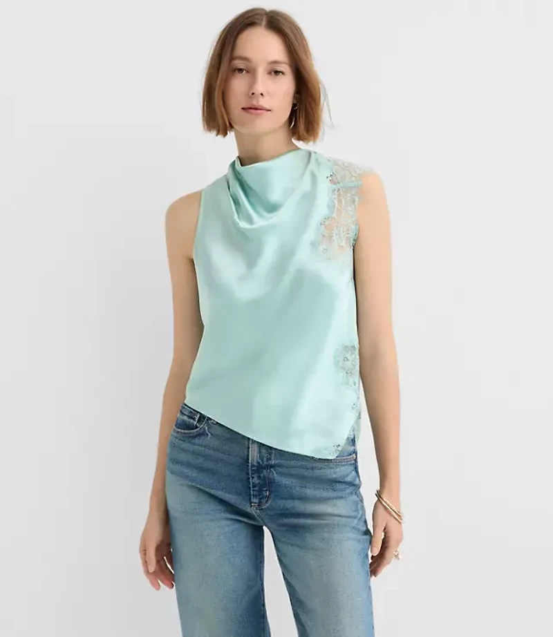 Petite Lace Trim Satin Sleeveless Top