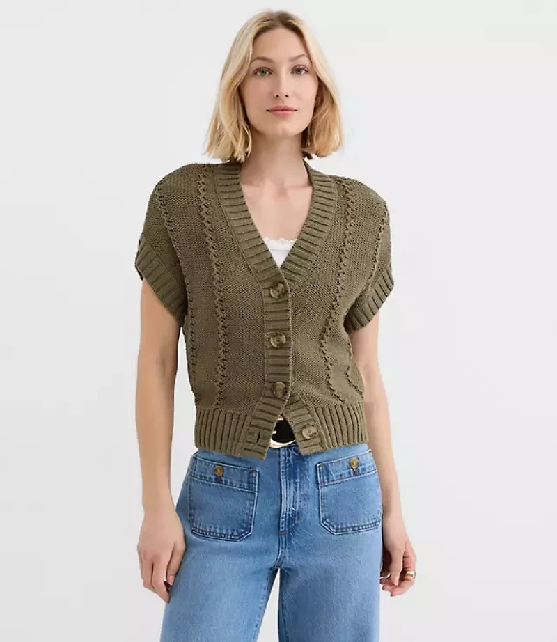 Pointelle Textured Short Sleeve Cardigan