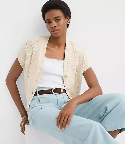 Pointelle Textured Short Sleeve Cardigan