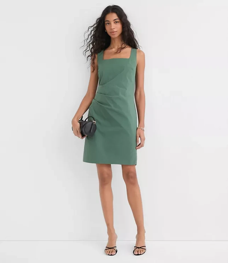 Pleated Stretch Poplin Square Neck Mini Dress