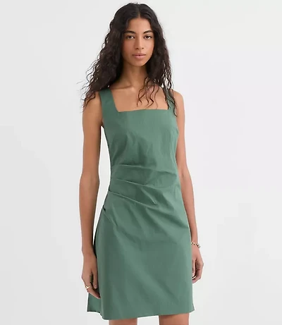 Pleated Stretch Poplin Square Neck Mini Dress