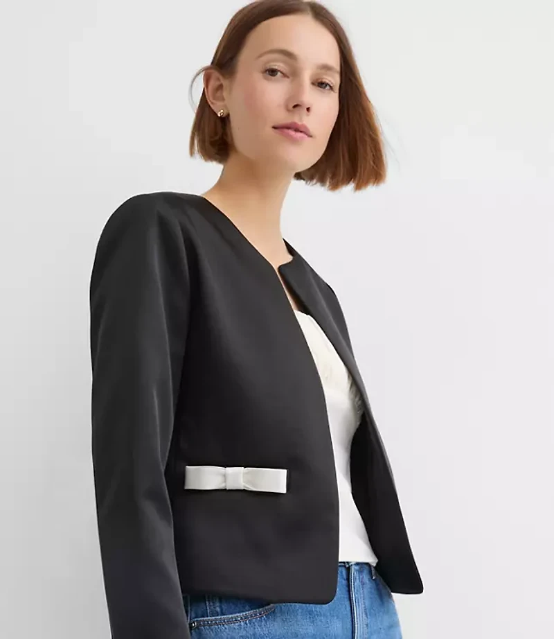 Tall Satin Bow Pocket Collarless Jacket
