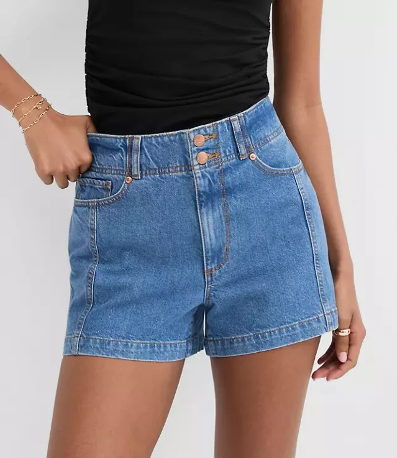Rivete Seamed High Rise Denim Shorts Dark Wash