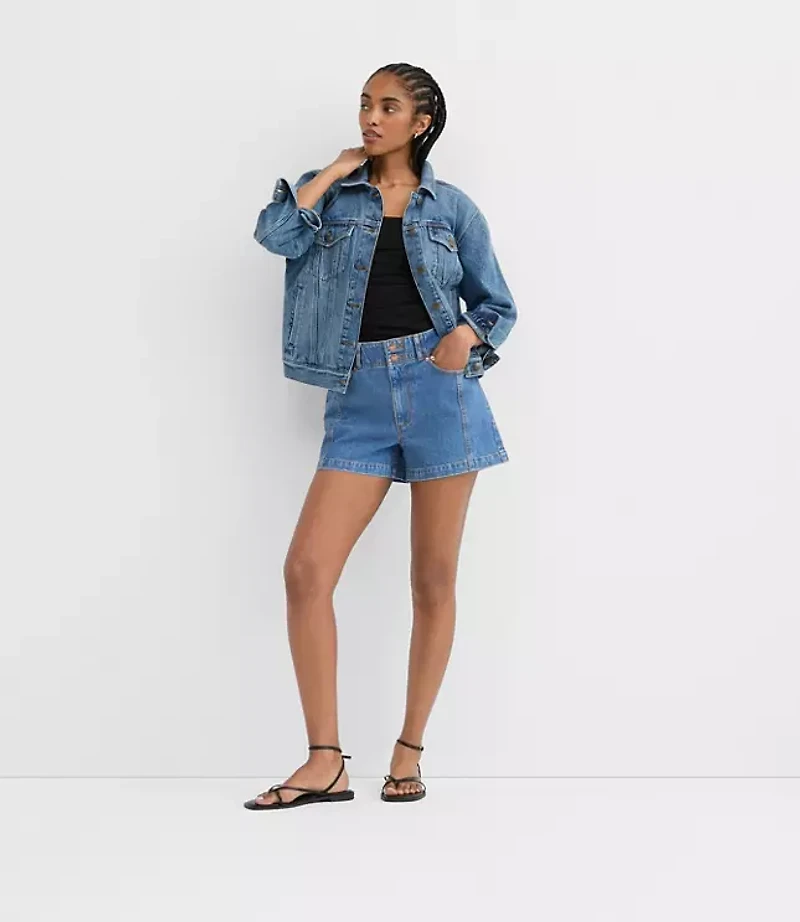 Rivete Seamed High Rise Denim Shorts Dark Wash