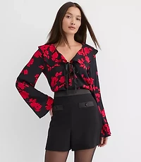 Petite Floral Bow Ruffle Collar Blouse