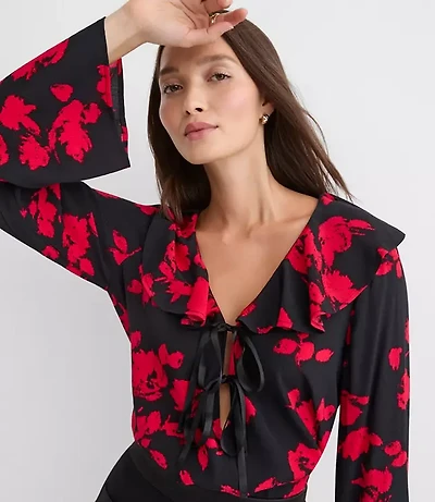 Petite Floral Bow Ruffle Collar Blouse