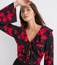 Petite Floral Bow Ruffle Collar Blouse