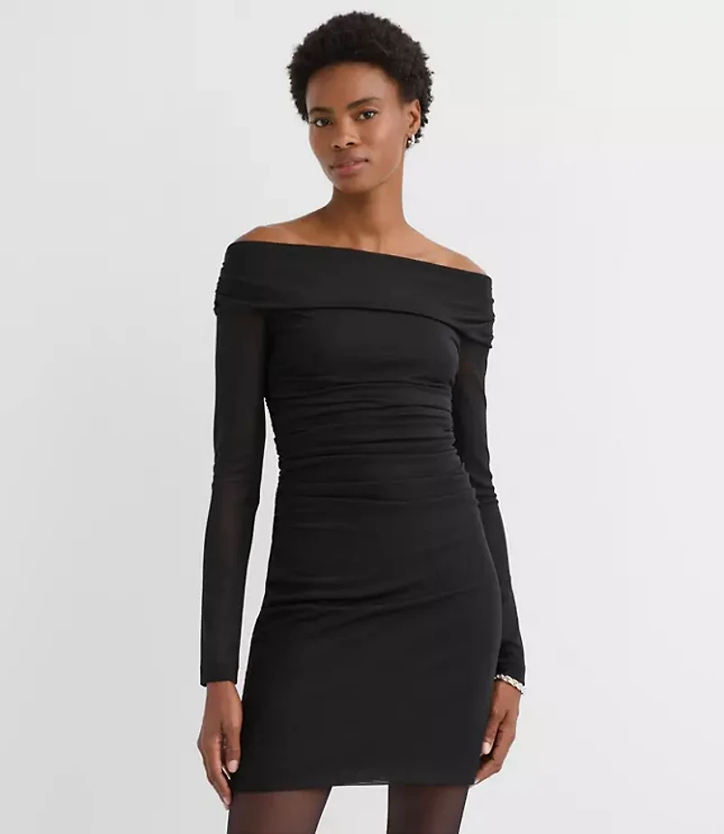 Mesh Ruched Off The Shoulder Mini Dress