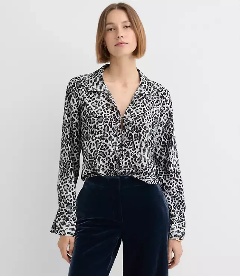 Petite Leopard Print Slit Cuff Tie Neck Blouse