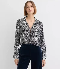 Petite Leopard Print Slit Cuff Tie Neck Blouse
