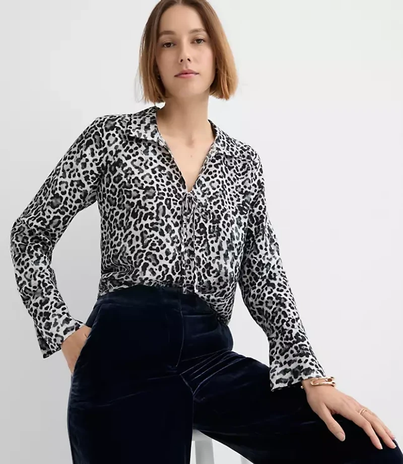 Petite Leopard Print Slit Cuff Tie Neck Blouse