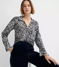 Petite Leopard Print Slit Cuff Tie Neck Blouse