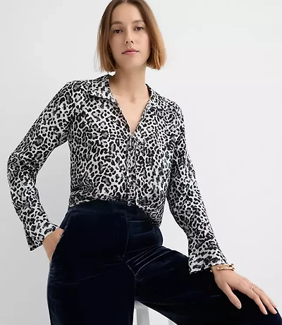 Petite Leopard Print Slit Cuff Tie Neck Blouse