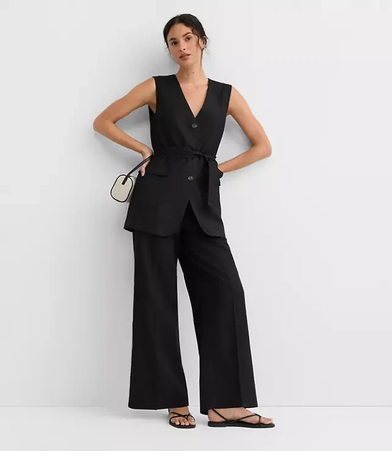 Linen Blend Belted Pocket Vest