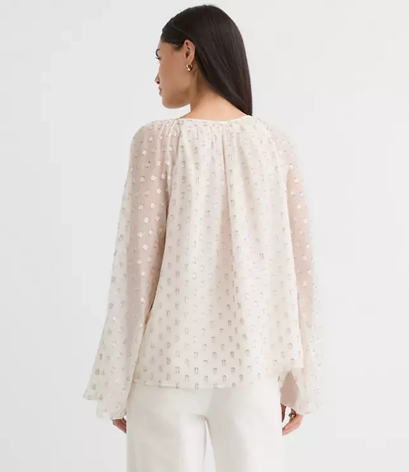 Petite Shimmer Clip Flare Sleeve Tie Neck Blouse