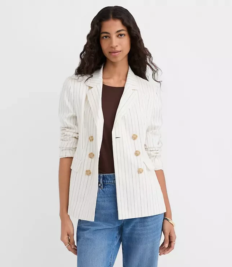 Pinstripe Cotton Linen Double Breasted Blazer