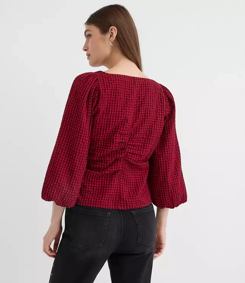 Petite Gingham Gathered Square Neck Top