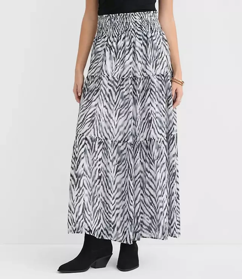 Zebra Print Ruffle Smocked Maxi Skirt