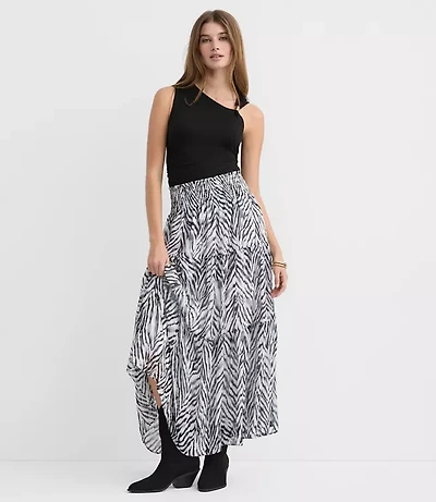 Zebra Print Ruffle Smocked Maxi Skirt