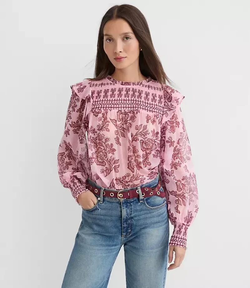 Petite Shimmer Floral Smocked Ruffle Blouse