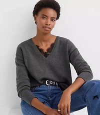 Petite Lace Trim Relaxed V-Neck Sweater