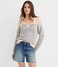 Striped Mesh Stitch Tie Neck Sweater